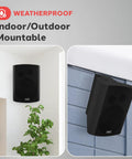 Boomin 6.5 Inch Wall Mount Bluetooth Speaker System for Indoor Outdoor Use installed on white interior and gray exterior walls.