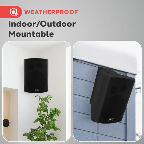 Boomin 6.5 Inch Wall Mount Bluetooth Speaker System for Indoor Outdoor Use installed on white interior and gray exterior walls.
