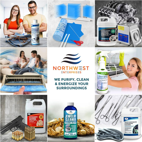 Heavy Duty Ultrasonic Eyeglass Cleaner Concentrate 16 Oz Solution with lens cleaning supplies and various products.