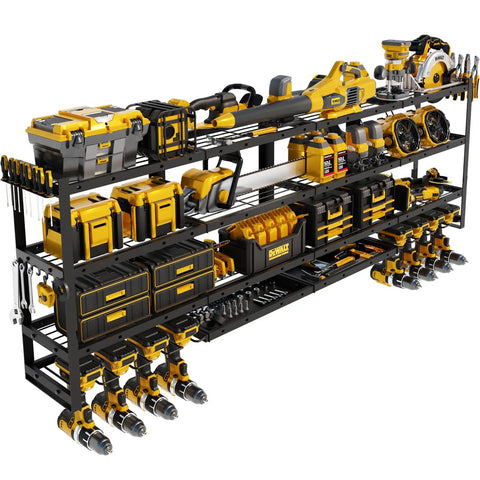 64 Inch Wide Power Tool Organizer Wall Mount With Corner Fit, Heavy Duty 4 Tier Garage Storage Rack, 820 Lbs Capacity, Includes 8 Cordless Drill Holders, Modular System For Battery Workshop Organization.