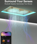 Hit Different Premium Brushed Gold Led Shower System With Bluetooth Speaker and Dual Ceiling Mounts featuring water flow and light effects.
