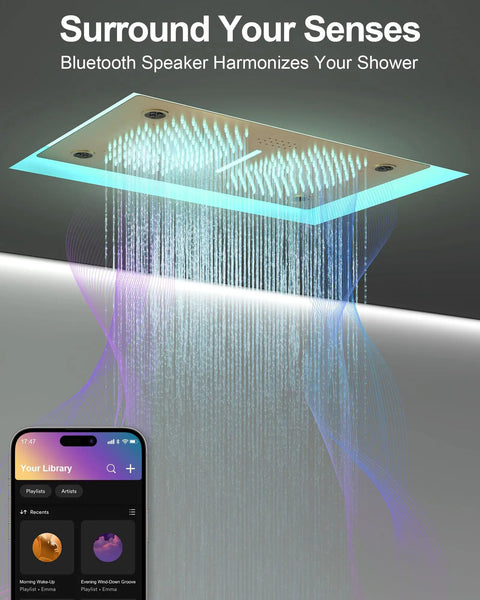 Hit Different Premium Brushed Gold Led Shower System With Bluetooth Speaker and Dual Ceiling Mounts featuring water flow and light effects.