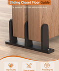 Closet Door Floor Guide Kit 4 Pack For 1-3/8 Inch Doors Universal Fit Keeps Sliding Doors Stable And Quiet On The Track With Durable Plastic Guides Two Mounting Options Includes 8 Screws With Anchors And 4 Adhesive Pads Black, shown installed with wood doors
