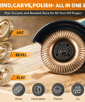 Badass Tungsten Carbide Angle Grinder Wood Carving And Sanding Disc Set with flat, bevel, and arc discs for various materials.