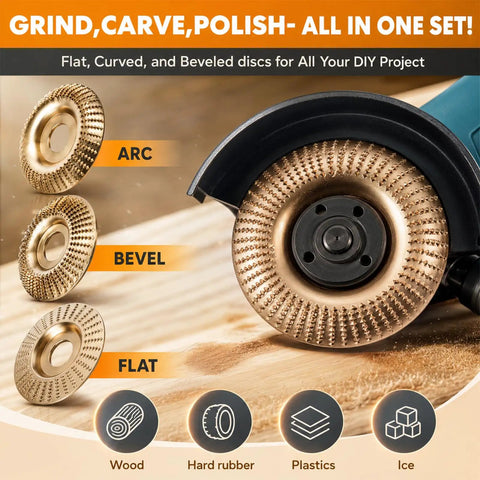 Badass Tungsten Carbide Angle Grinder Wood Carving And Sanding Disc Set with flat, bevel, and arc discs for various materials.