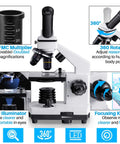Educational Microscope Kit For Adults And Kids With 100 To 2000x Magnification featuring 2x FMC multiplier and LED illuminator.