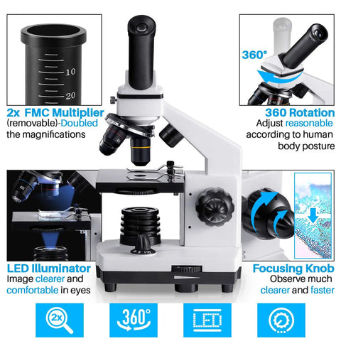 Educational Microscope Kit For Adults And Kids With 100 To 2000x Magnification featuring 2x FMC multiplier and LED illuminator.