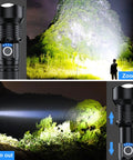 Crazy Bright 90000 Lumens Rechargeable LED Flashlight Set illuminating outdoor landscape with zoom features, person in beam.