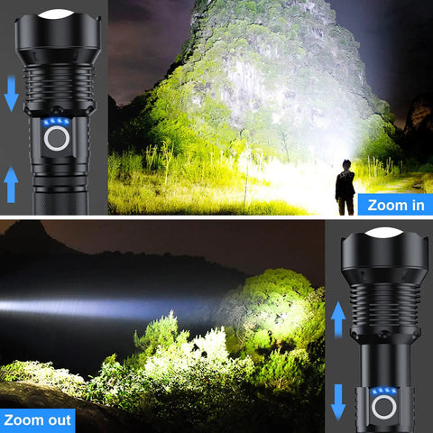 Crazy Bright 90000 Lumens Rechargeable LED Flashlight Set illuminating outdoor landscape with zoom features, person in beam.