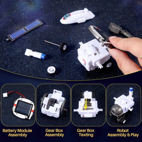 Solar Robot Science Kit For Kids Ages 8 To 14 Gift Set With Six Cool Buildable Robots That Move On Land, 120 Piece STEM Toys For Boys And Girls Teens 9 10 11 12 13, Inspiring Science Exploration And Creative Experiments. white solar robot parts, battery module, gears, and wheels on display