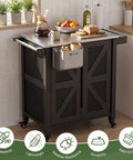 Outdoor Grill Cart With Stainless Steel Top, Rolling Utility Station, 2 Tier Storage Cabinet, shown in a kitchen setting