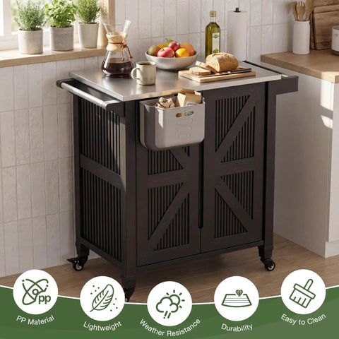 Outdoor Grill Cart With Stainless Steel Top, Rolling Utility Station, 2 Tier Storage Cabinet, shown in a kitchen setting
