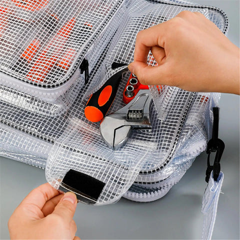 Hassle Free Grab And Go Clear Crossbody Tool Bag Designed For Cleanroom Engineers showing tools in organized compartments.