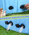 Close-up of Massive 87 Inch Dog Pool With Sprinkler 2 In 1 Foldable Splash Pad showing drainage valves with dogs nearby