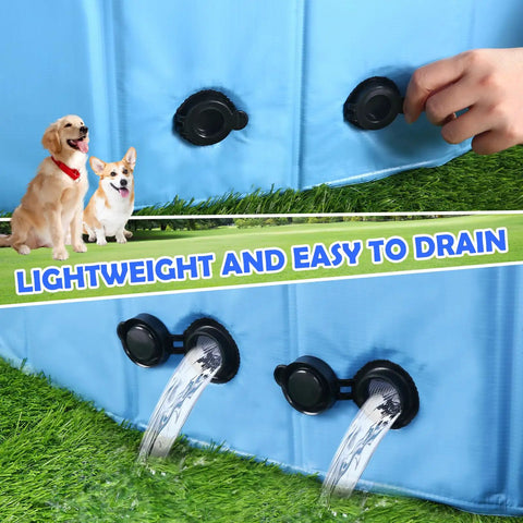 Close-up of Massive 87 Inch Dog Pool With Sprinkler 2 In 1 Foldable Splash Pad showing drainage valves with dogs nearby