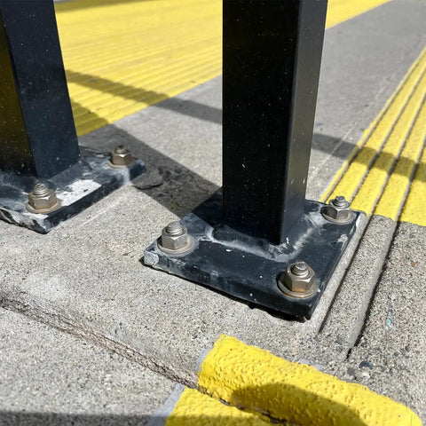 Steel posts mounted with 4x4 steel plates with holes 3/16 inch thick 4 pack square mounting plates pre drilled for welding brackets