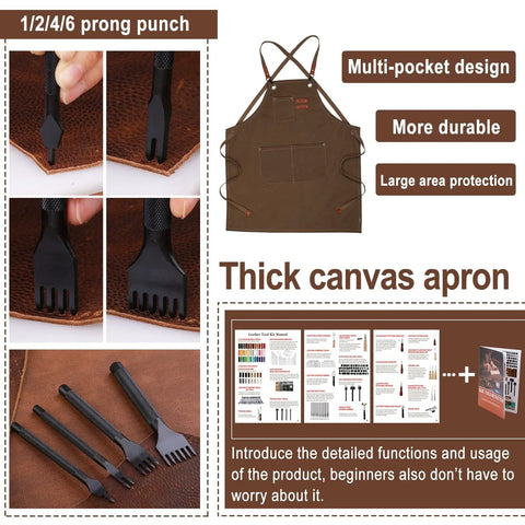 Thick canvas apron and prong punch set from Ultimate Leather Working Starter Kit 628 Pcs for beginners.