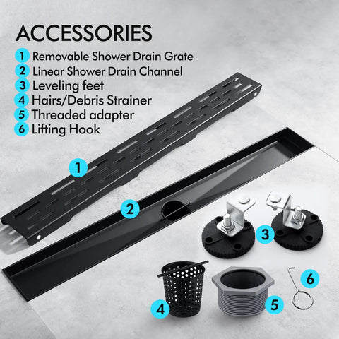 24 Inch Rectangular Matte Black Shower Drain With Removable Brickwork Pattern Grate Brushed 304 Stainless Steel Floor Drain Includes Adjustable Leveling Feet And Hair Strainer For No Fuss Install shown with accessories.
