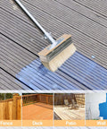 7-Inch Deck Stain Brush Applicator With 60-Inch Long Handle Wide 7 By 2 Inch Brush Head applying stain on a wooden deck surface