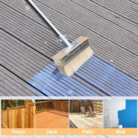 7-Inch Deck Stain Brush Applicator With 60-Inch Long Handle Wide 7 By 2 Inch Brush Head applying stain on a wooden deck surface
