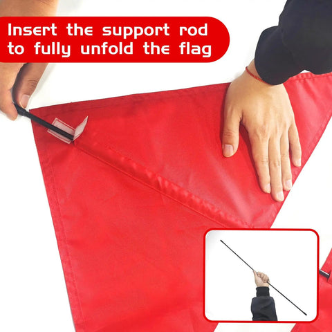 Hands assembling 20 X 24 Inch Dive Flag With Removable Stiffening Pole for scuba diving, freediving, and spearfishing, US legal size.