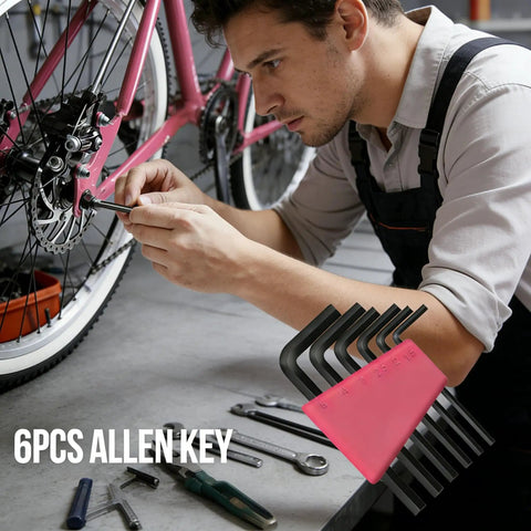 Man repairing pink bicycle with 6pcs Allen key set and various tools on table.