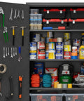 Heavy Duty 12 Gauge Steel Storage Cabinet With Pegboard Door And Adjustable Shelves, Built Different For Garage And Workshop Spaces, Boss Level Industrial Organizer In Gray with tools and supplies organized.