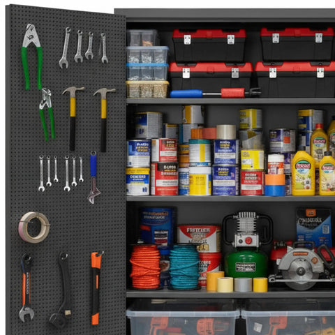 Heavy Duty 12 Gauge Steel Storage Cabinet With Pegboard Door And Adjustable Shelves, Built Different For Garage And Workshop Spaces, Boss Level Industrial Organizer In Gray with tools and supplies organized.