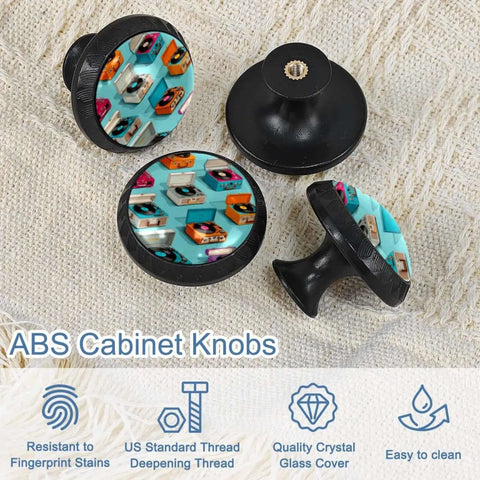 Black Cabinet Pull Handles Set with Record Player Pattern Knobs on textured fabric, modern easy install hardware.