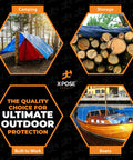 Beefy Heavy Duty Blue Poly Tarp 20 Ft By 40 Ft Lightweight Waterproof And Weatherproof Cover shown on tents, logs, and boat