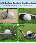 4 In 1 Foldable Heavy Duty Golf Hitting Mat With Sand And Tee Turf, Anti Slip Backing For Realistic Swing, Chip And Putting Practice, All In One Golf Practice Mat With Tees showing golf clubs and balls on four grass types.