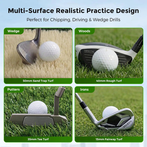 4 In 1 Foldable Heavy Duty Golf Hitting Mat With Sand And Tee Turf, Anti Slip Backing For Realistic Swing, Chip And Putting Practice, All In One Golf Practice Mat With Tees showing golf clubs and balls on four grass types.