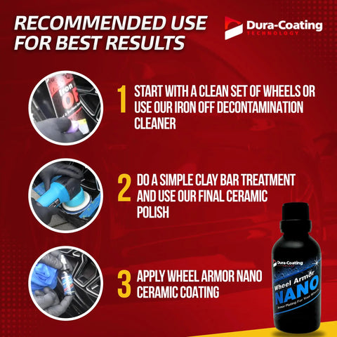 Wheel Armor Nano Ceramic Coating Spray For Wheels Metal Paint Plastic Glass Repels Water Dirt Debris And Oils For Ultra Durable Shine And Beast Mode Protection Made In USA bottle on red instructions graphic