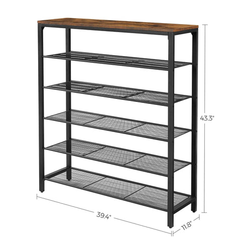 Ditch The Closet Mess With This Giant Shoe Rack Featuring Adjustable Metal Mesh Shelves For Entryway Or Mudroom Park Dozens Of Daily Kicks Rustic Brown Storage Unit, 5-tier adjustable metal mesh shoe rack with rustic brown finish.