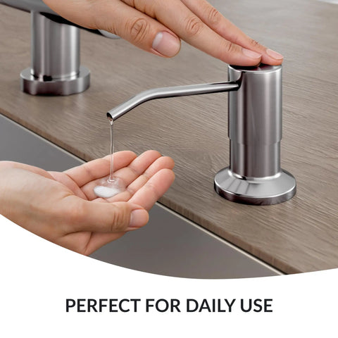 Stainless Steel Kitchen Soap Dispenser With Brushed Nickel Finish And 47 Inch Extension Tube Kit dispensing soap into hands