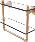 16 Inch Double Glass Shelf With Towel Bar In Brushed Bronze Pipe Style Slick Contemporary Rustic Bathroom Organizer With Durable Powder Coated Finish Rust Proof Easy Mounting Hardware Included