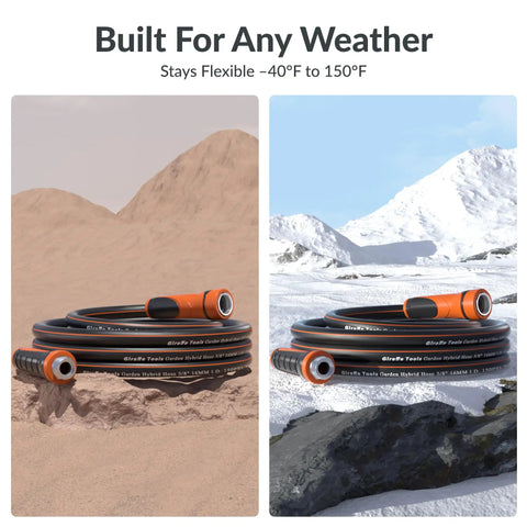 Ultra Lightweight Garden Hose 100ft Heavy Duty Five Eighth Inch All Weather Flex Hose For No Fuss Yard Work And Reliable Watering For Garden Lawn And Outdoor Cleaning, shown in hot and cold weather