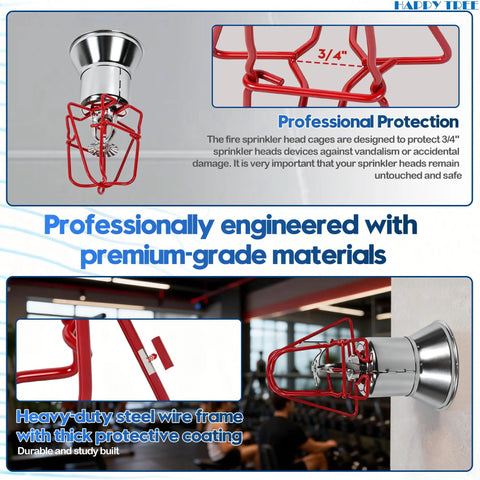Rock Solid 10 Pack Red Fire Sprinkler Head Guards With Double Hook Mounting To Block Vandalism And Shield Upright Pendent Or Sidewall Pipes From Real World Dings And Scratches, showcasing heavy-duty red steel frame and protective design.