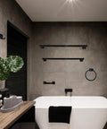 Modern bathroom with Matte Black Toilet Paper Holder Wall Mount With Double Post Design, Heavy Duty Metal Construction visible.