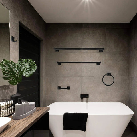 Modern bathroom with Matte Black Toilet Paper Holder Wall Mount With Double Post Design, Heavy Duty Metal Construction visible.