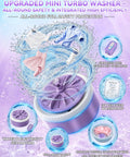 Grab and Go portable ultrasonic turbo washer mini washing system upgrade in purple with spinning action, shown cleaning clothes and safe design.