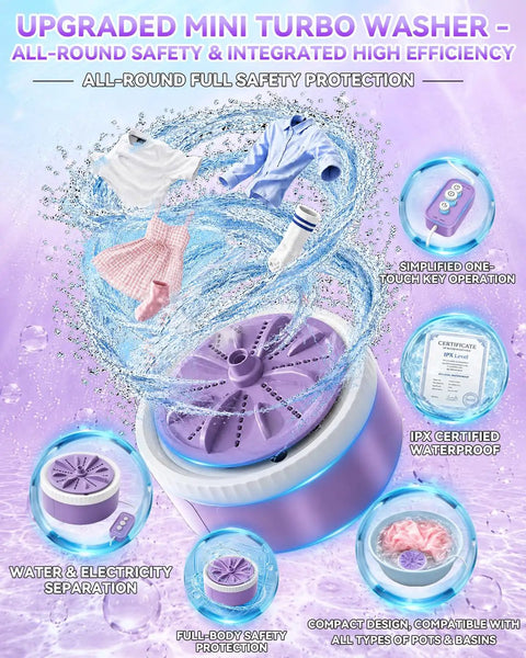 Grab and Go portable ultrasonic turbo washer mini washing system upgrade in purple with spinning action, shown cleaning clothes and safe design.
