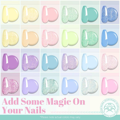 Color palette of Pastel Shimmer Solid Gel Nail Polish Set With 24 Color Ombre Kit And Pro Nail Art Brush Hema Free