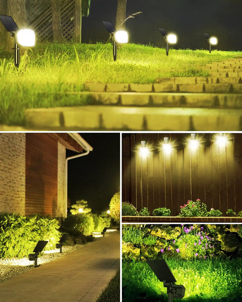 4 Pack 30 LED Solar Spot Lights Outdoor illuminating garden pathways and walls, adjustable panels, IP67 waterproof, warm white glow.