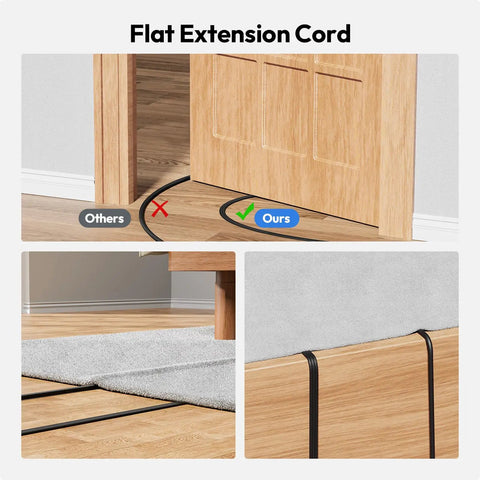 Ultra Flat Plug Power Strip With USB Ports And Wall Mount Space Saver 5ft Extension Cord shown behind door and baseboard