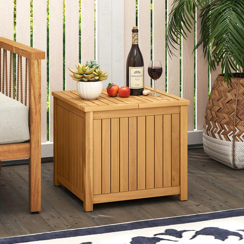 2 In 1 Outdoor Side Table With Storage In Acacia Wood Slatted Design With Umbrella Hole And Removable Base on patio