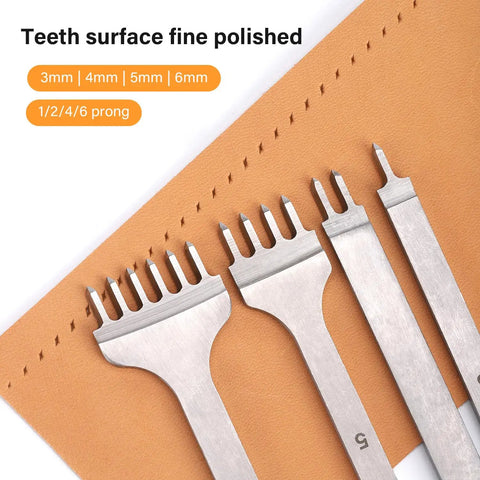 Leather Hole Punch Tool Set With Pricking Iron And Diamond Stitching Chisel, 3mm 4mm 5mm 6mm Spacing, Includes 1/2/4/6 Prongs