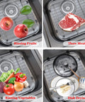 Double Bowl Kitchen Sink Protector Grid 304 Stainless Steel Universal Kitchen Sink Grid Bottom Rack Guard Keeps Your Sink Scratch Free Centered Drain 13.2 X 11.6 X 1.25 Inches Rubber Feet 2 Pack with various uses like rinsing fruits and vegetables, thawing meat, and drying dishes.