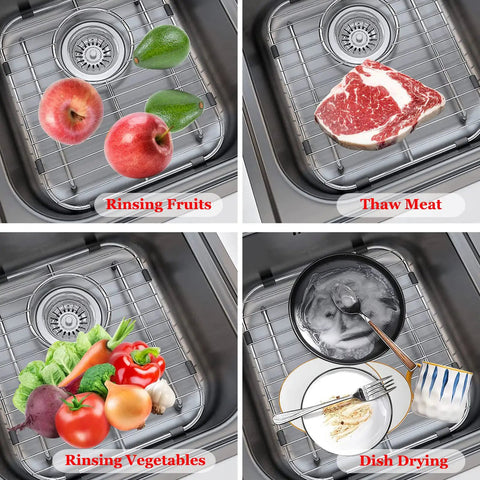 Double Bowl Kitchen Sink Protector Grid 304 Stainless Steel Universal Kitchen Sink Grid Bottom Rack Guard Keeps Your Sink Scratch Free Centered Drain 13.2 X 11.6 X 1.25 Inches Rubber Feet 2 Pack with various uses like rinsing fruits and vegetables, thawing meat, and drying dishes.