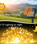 Solar panel and glowing 200 Led 72Ft Outdoor Solar String Lights Waterproof With 8 Modes Twinkle Warm White